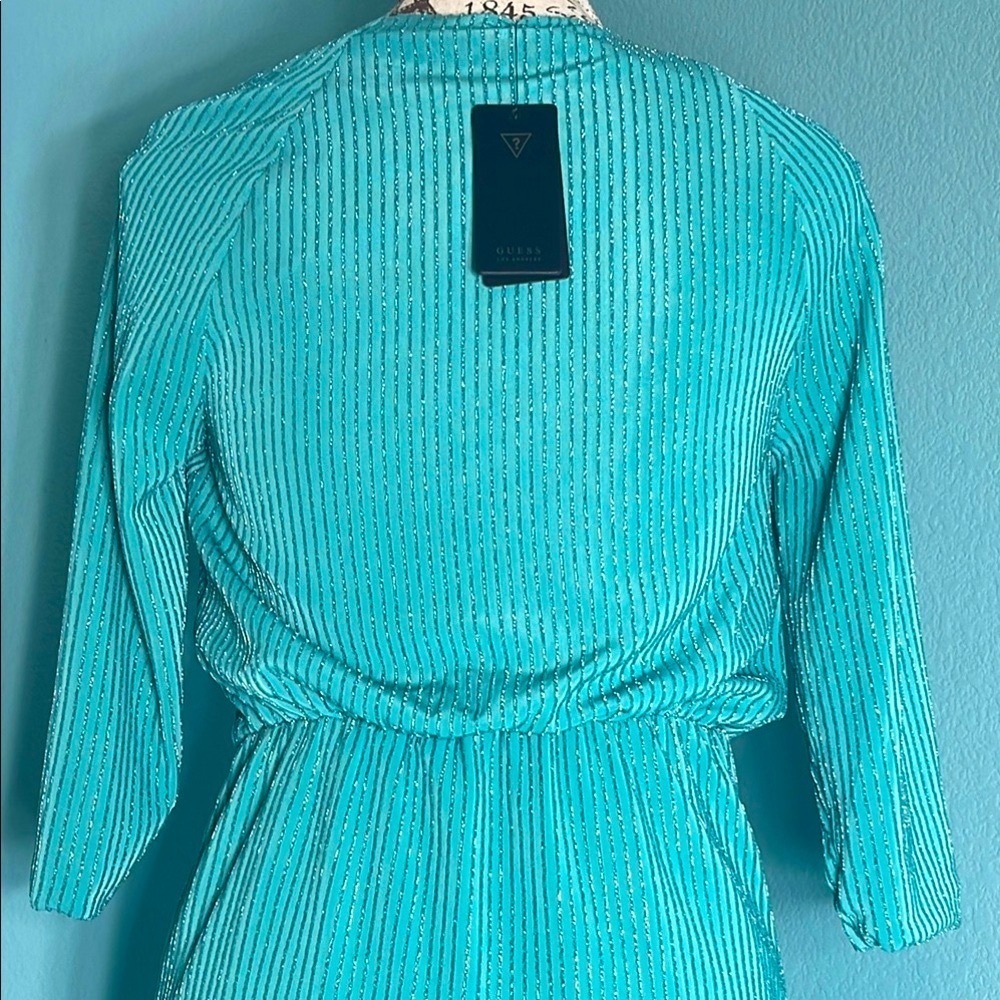 GUESS Metallic Tiffany Blue Ruched Wrap Mini Dress Prom Party Small $98 Retail - Picture 7 of 17